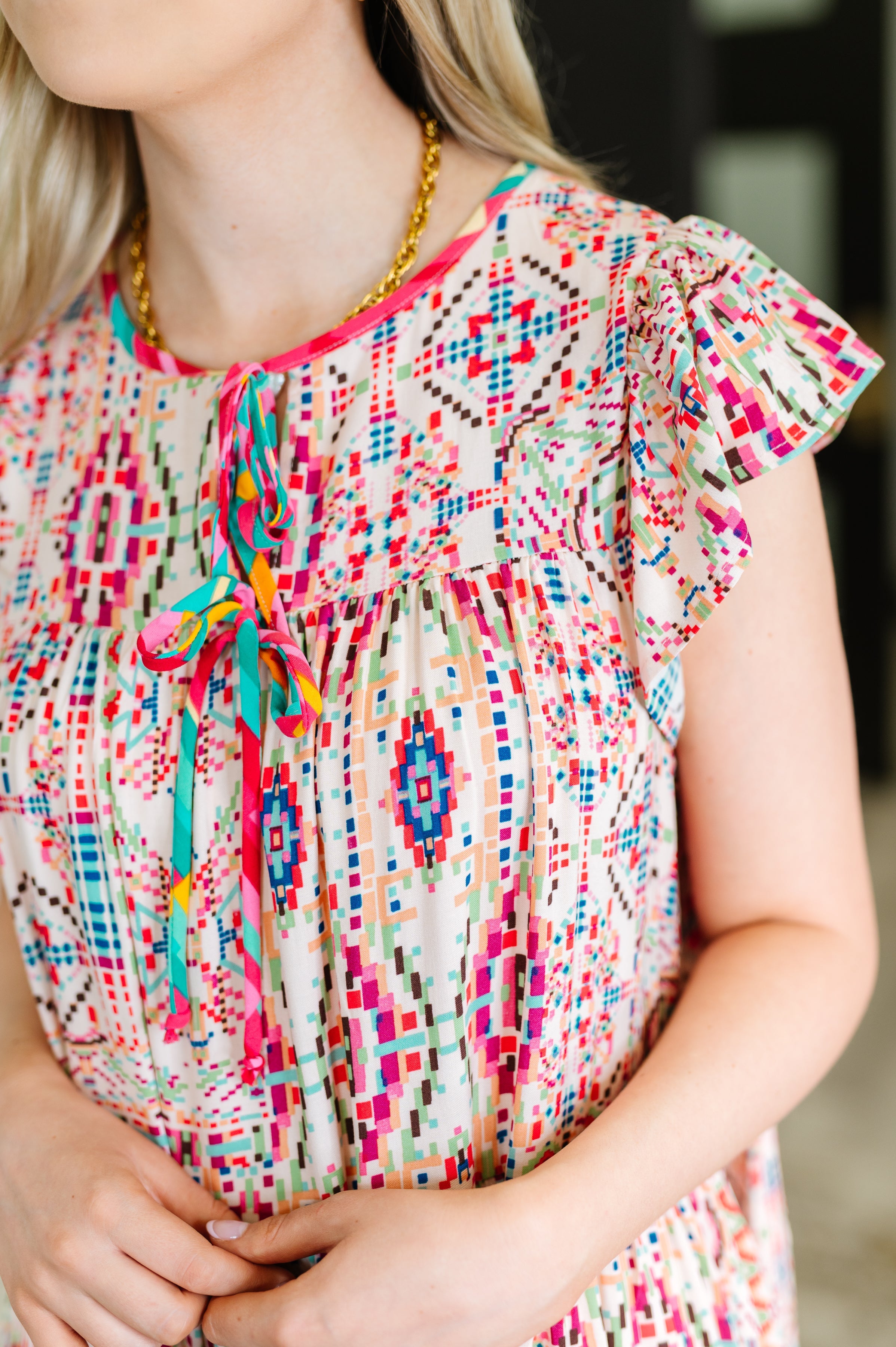 Boho and Behold Flutter Sleeve Dress in Blush/Fuchsia/Mint-Womens-Ave Shops-[option4]-[option5]-[option6]-[option7]-[option8]-Shop-Boutique-Clothing-for-Women-Online
