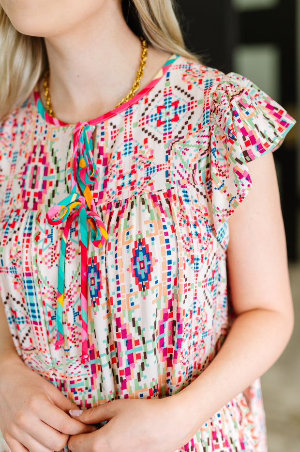 Boho and Behold Flutter Sleeve Dress in Blush/Fuchsia/Mint-Womens-Ave Shops-[option4]-[option5]-[option6]-[option7]-[option8]-Shop-Boutique-Clothing-for-Women-Online