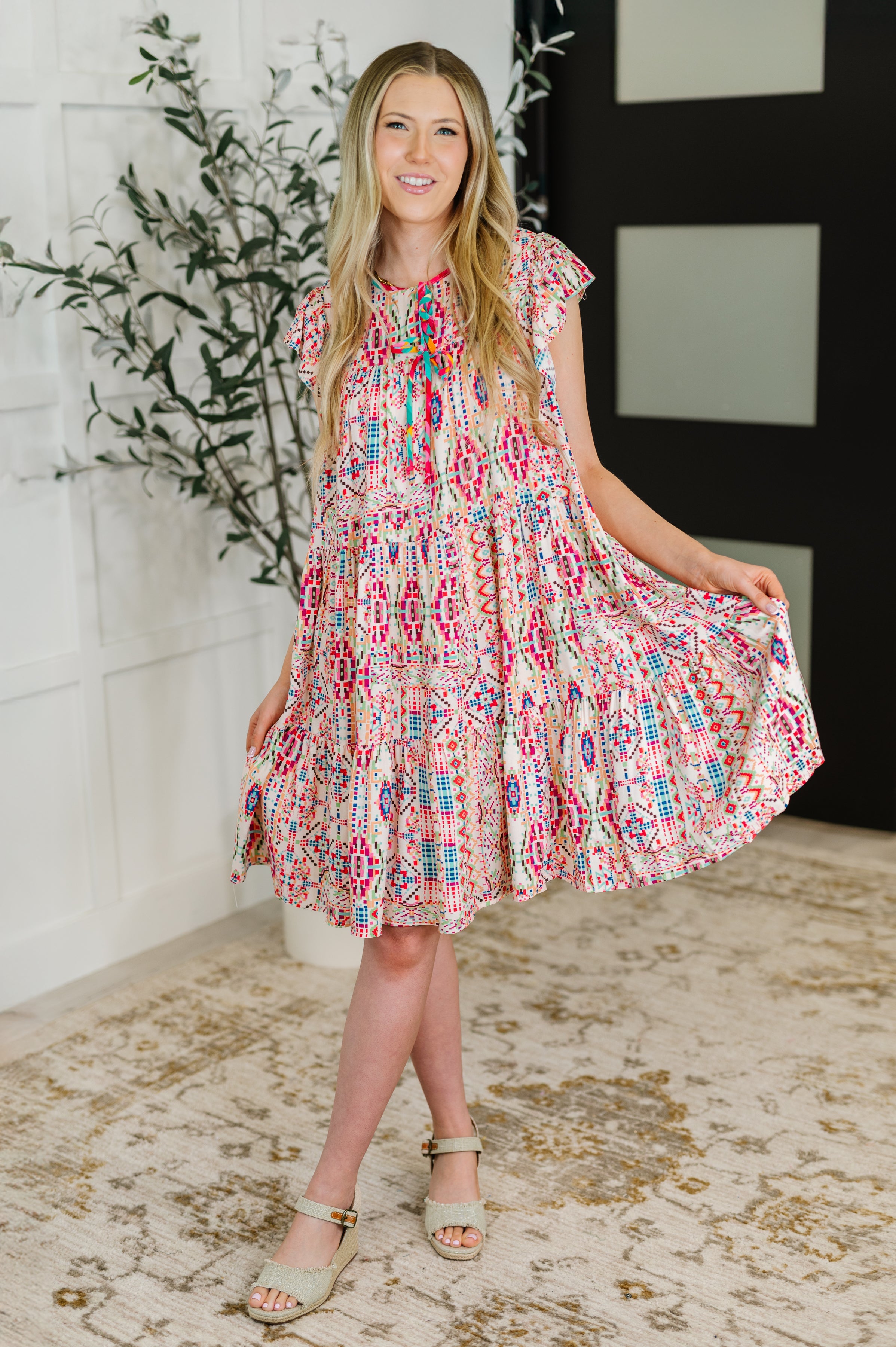 Boho and Behold Flutter Sleeve Dress in Blush/Fuchsia/Mint-Womens-Ave Shops-[option4]-[option5]-[option6]-[option7]-[option8]-Shop-Boutique-Clothing-for-Women-Online
