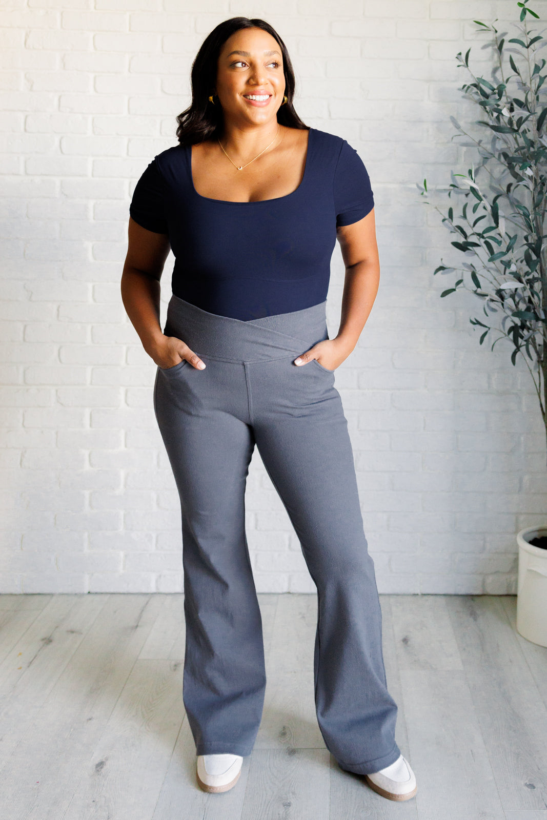 Rae Mode Building Habits Twill Flared Crossover Waist Pant in Titanium-Bottoms-Ave Shops-[option4]-[option5]-[option6]-[option7]-[option8]-Shop-Boutique-Clothing-for-Women-Online