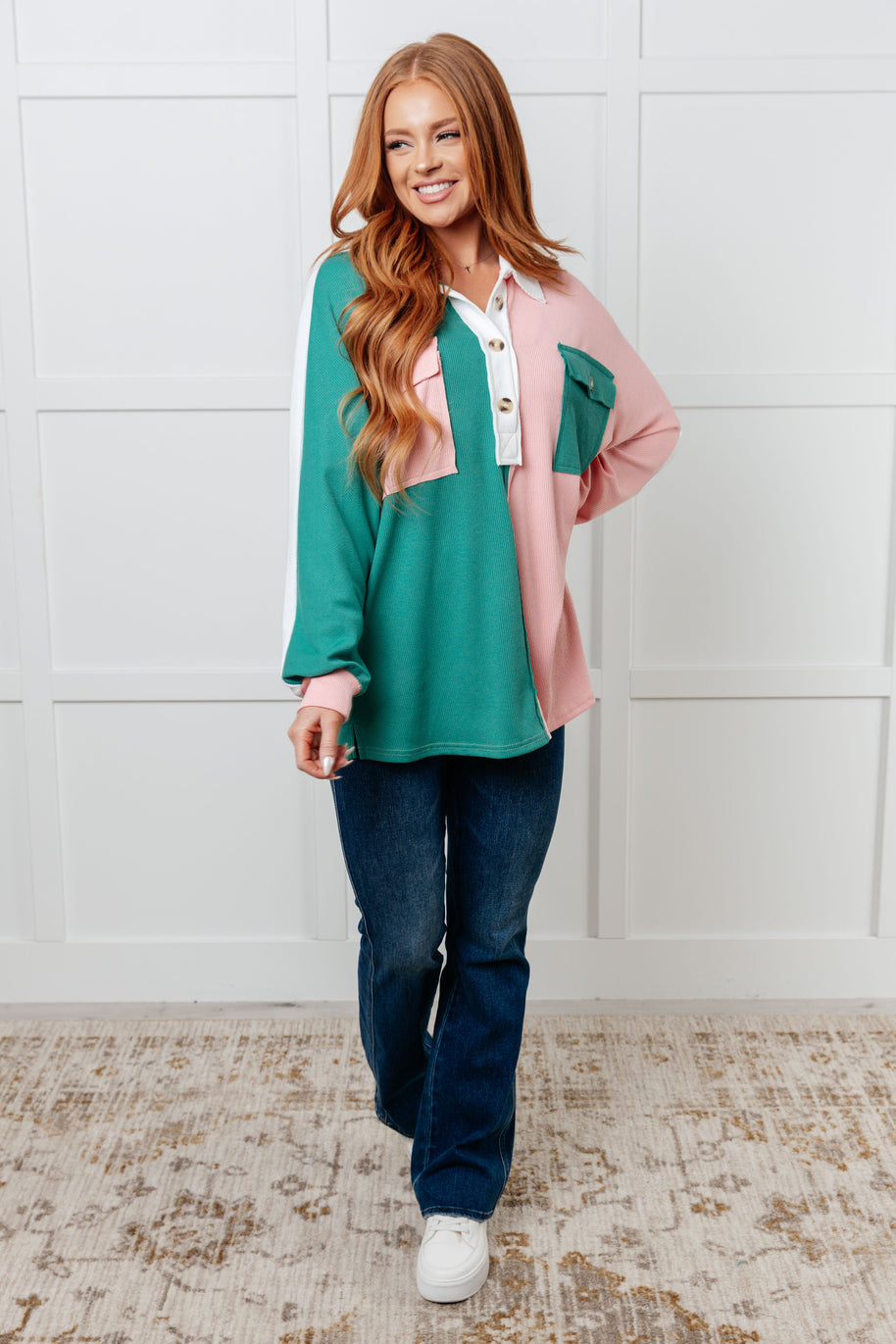 Chip Off the Old Colorblock V-Neck Henley in Green-Tops-Ave Shops-[option4]-[option5]-[option6]-[option7]-[option8]-Shop-Boutique-Clothing-for-Women-Online