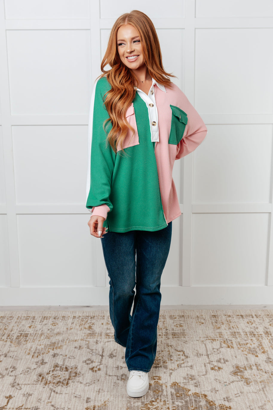 Chip Off the Old Colorblock V-Neck Henley in Green-Tops-Ave Shops-[option4]-[option5]-[option6]-[option7]-[option8]-Shop-Boutique-Clothing-for-Women-Online