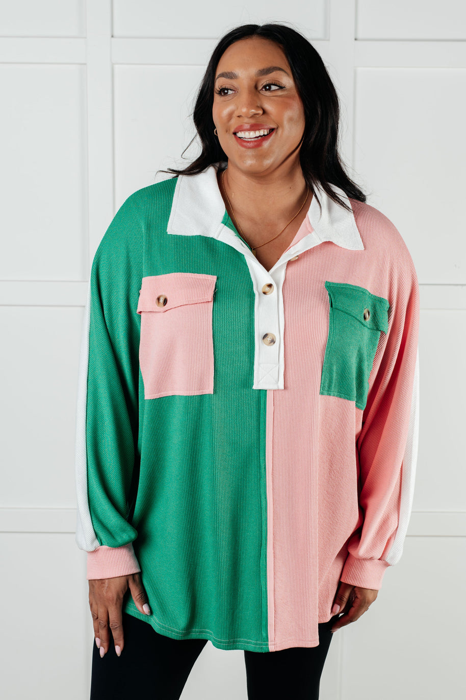 Chip Off the Old Colorblock V-Neck Henley in Green-Tops-Ave Shops-[option4]-[option5]-[option6]-[option7]-[option8]-Shop-Boutique-Clothing-for-Women-Online