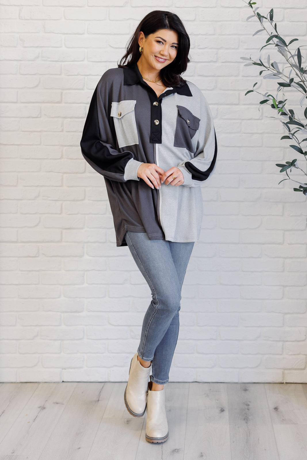 Chip Off the Old Colorblock V-Neck Henley in Grey-Tops-Ave Shops-[option4]-[option5]-[option6]-[option7]-[option8]-Shop-Boutique-Clothing-for-Women-Online
