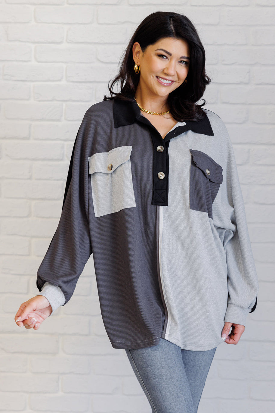 Chip Off the Old Colorblock V-Neck Henley in Grey-Tops-Ave Shops-[option4]-[option5]-[option6]-[option7]-[option8]-Shop-Boutique-Clothing-for-Women-Online