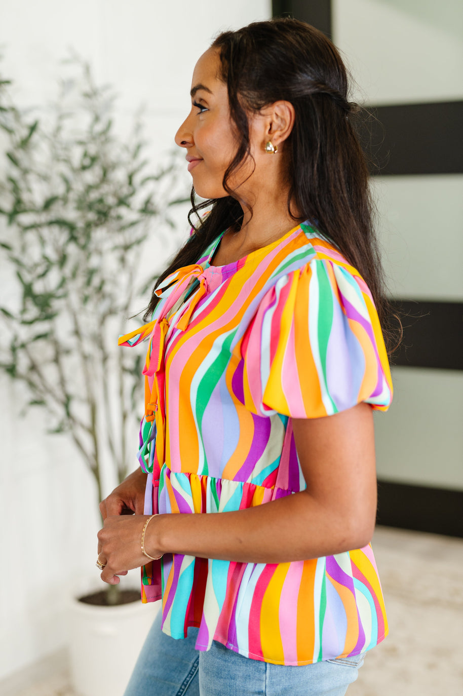 Chromatide Puff Sleeve Blouse in Mint/Orange-Womens-Ave Shops-[option4]-[option5]-[option6]-[option7]-[option8]-Shop-Boutique-Clothing-for-Women-Online