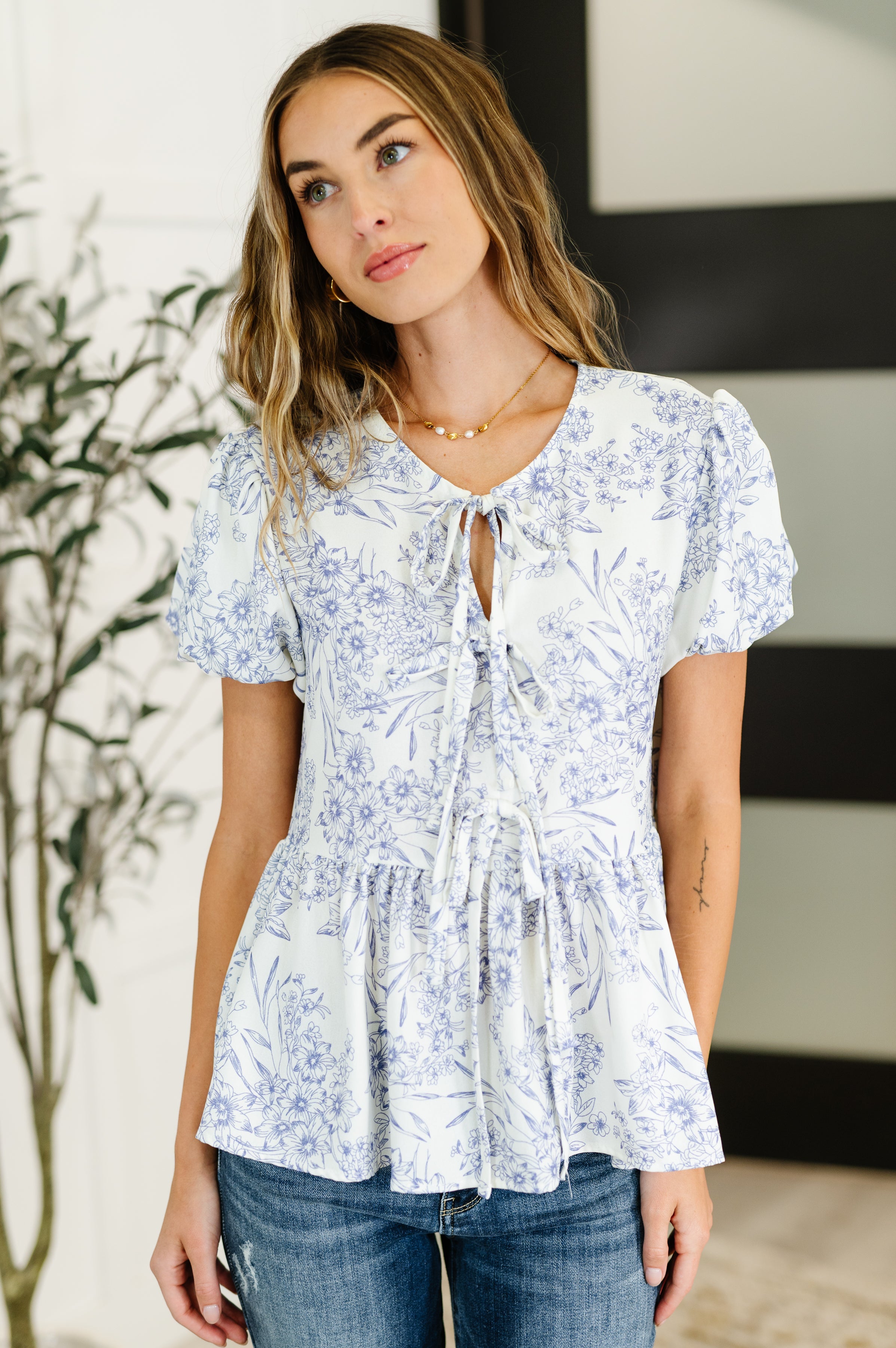 Dainty Lil' Thing Balloon Sleeve Blouse in Ivory/Blue-Womens-Ave Shops-[option4]-[option5]-[option6]-[option7]-[option8]-Shop-Boutique-Clothing-for-Women-Online