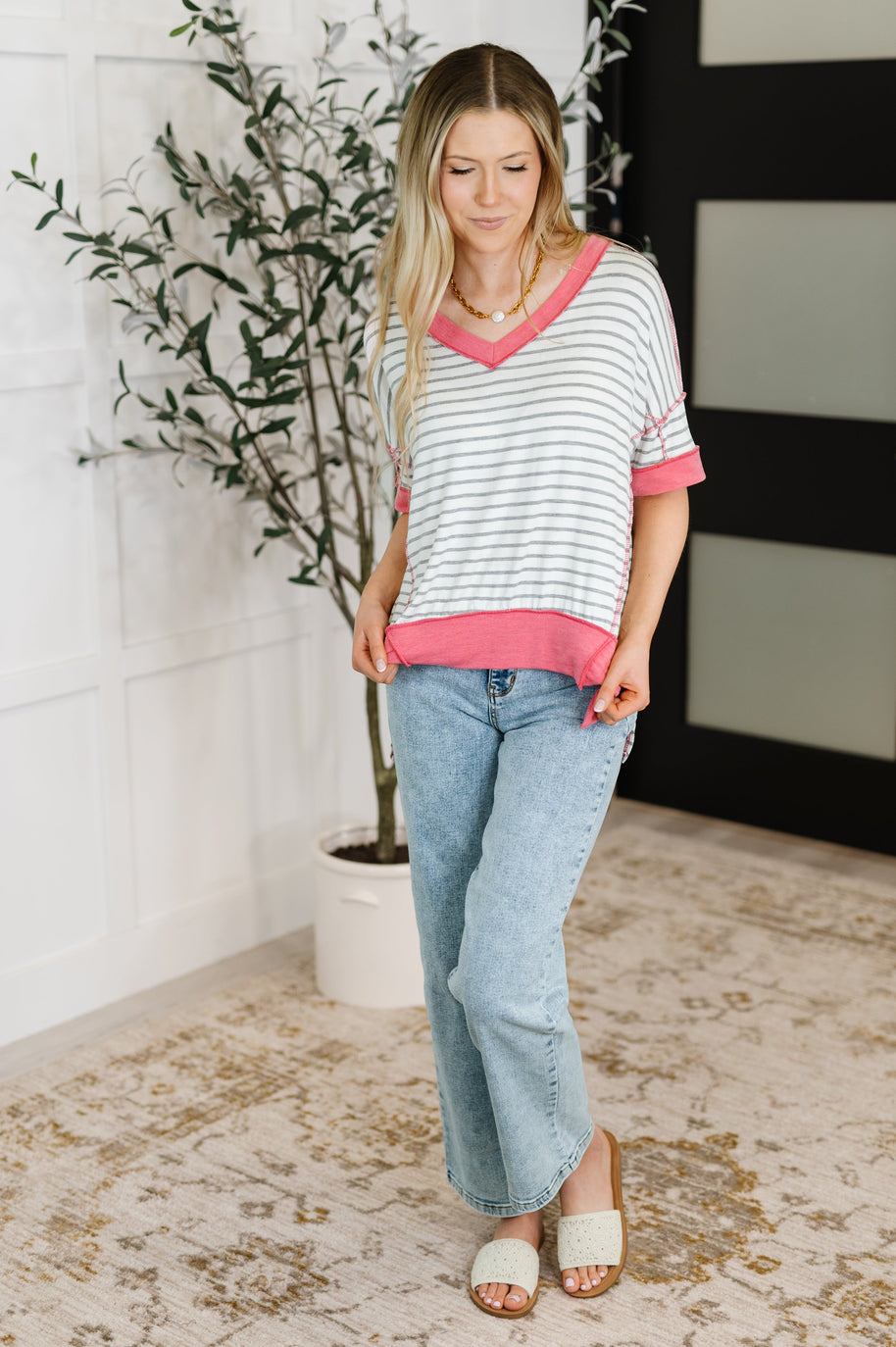 Dressed to Chill V-Neck Top in Heather/Grey/Ivory/Pink-Womens-Ave Shops-[option4]-[option5]-[option6]-[option7]-[option8]-Shop-Boutique-Clothing-for-Women-Online
