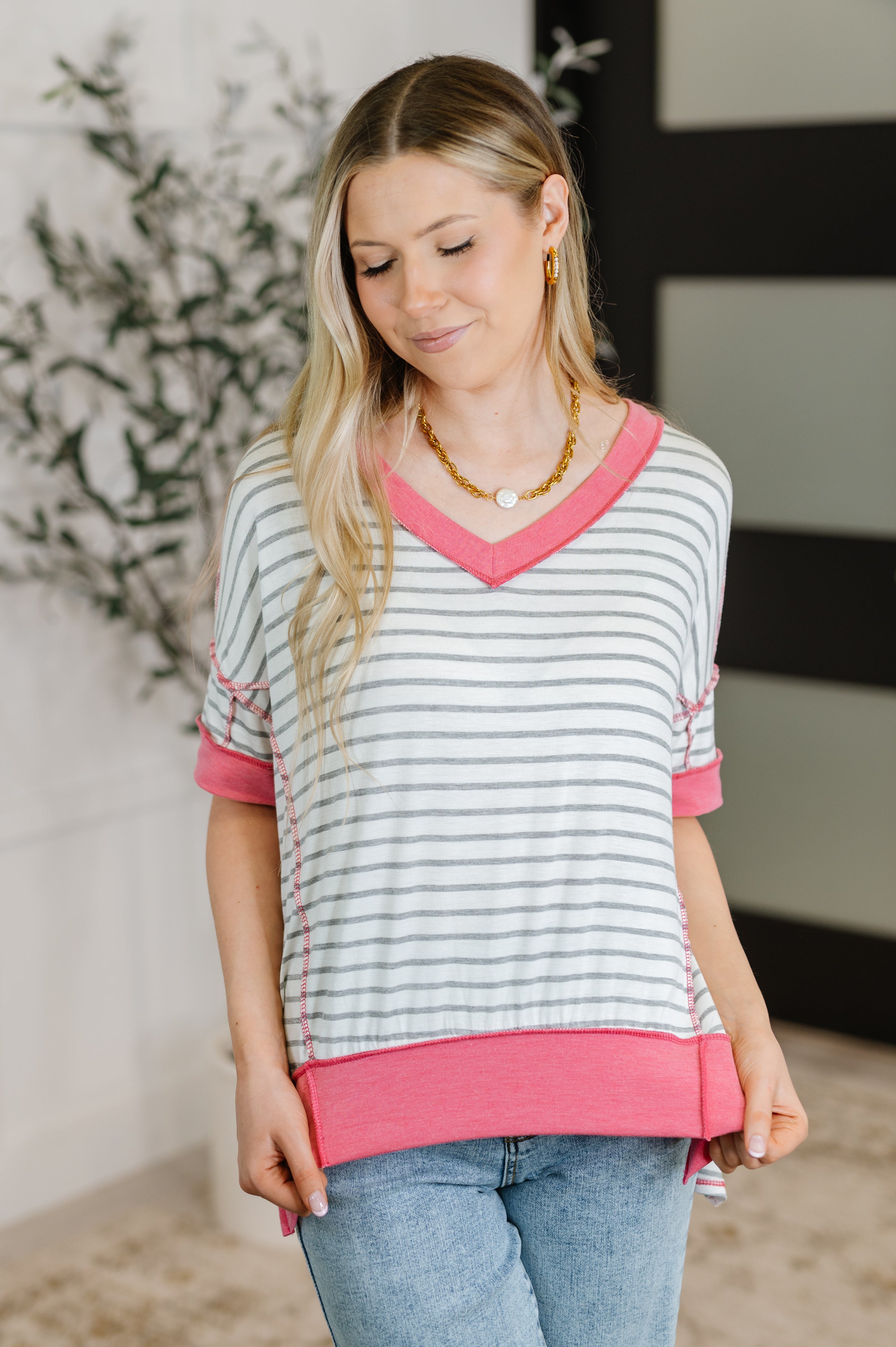 Dressed to Chill V-Neck Top in Heather/Grey/Ivory/Pink-Womens-Ave Shops-[option4]-[option5]-[option6]-[option7]-[option8]-Shop-Boutique-Clothing-for-Women-Online