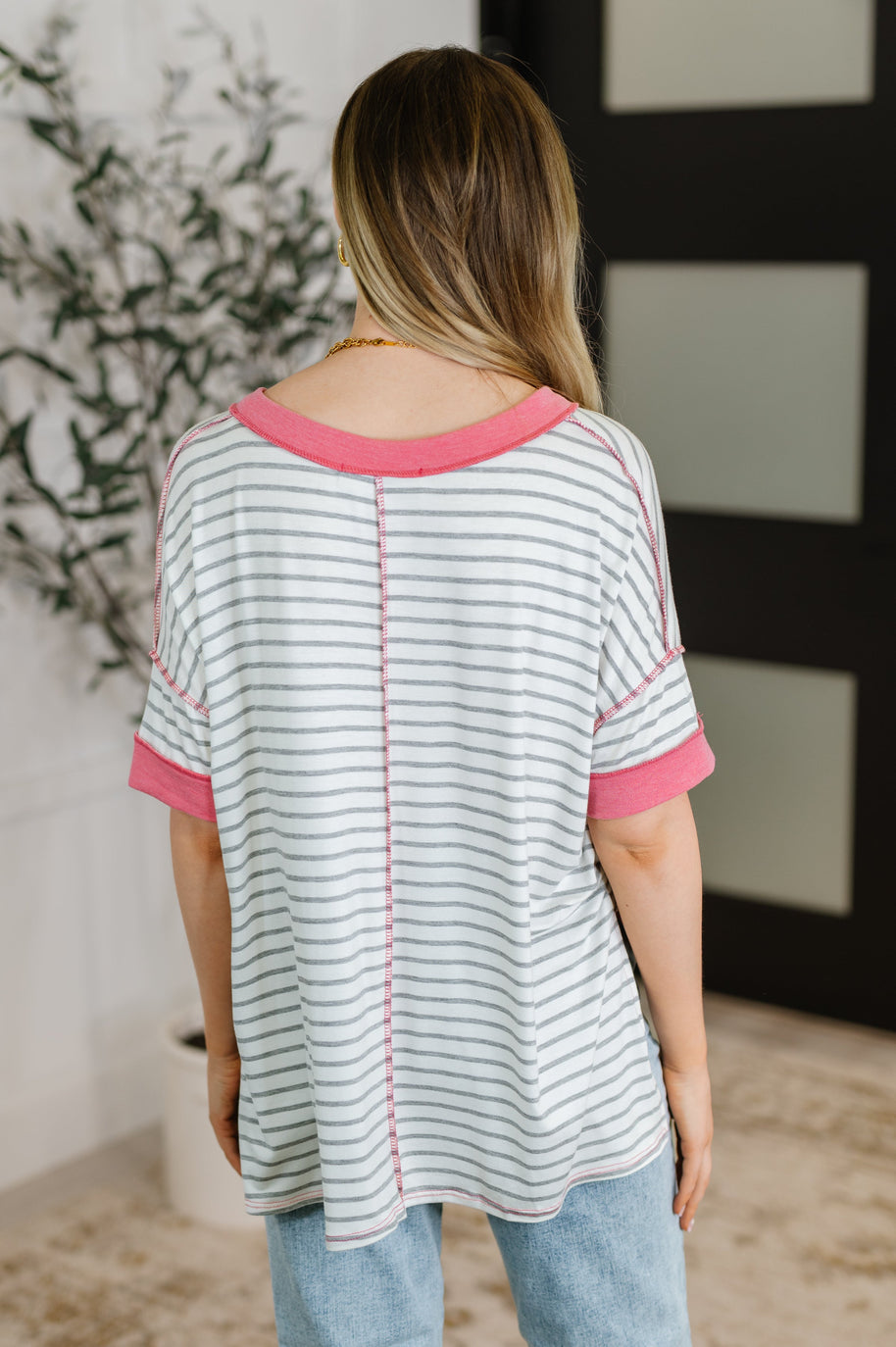 Dressed to Chill V-Neck Top in Heather/Grey/Ivory/Pink-Womens-Ave Shops-[option4]-[option5]-[option6]-[option7]-[option8]-Shop-Boutique-Clothing-for-Women-Online