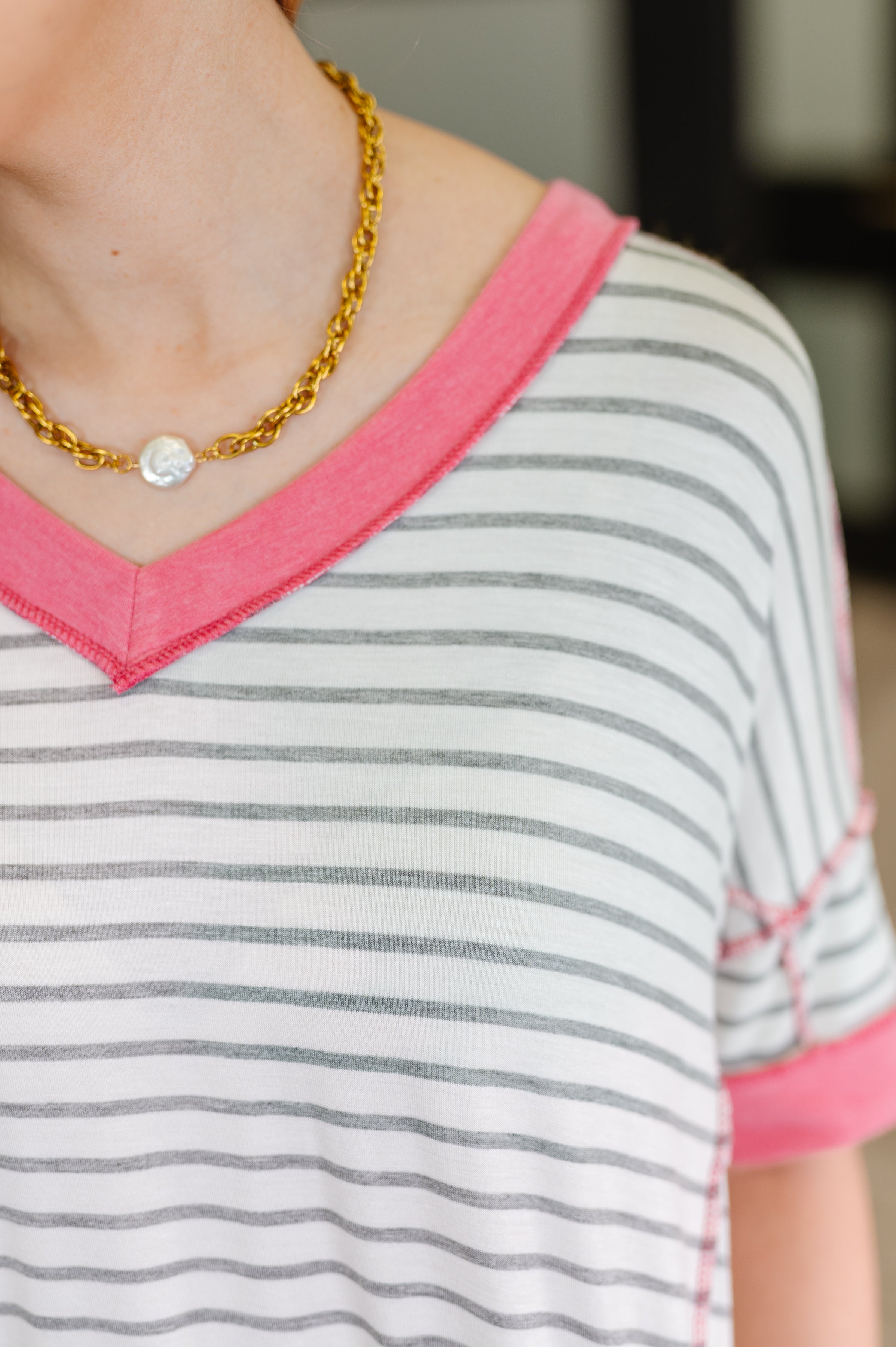Dressed to Chill V-Neck Top in Heather/Grey/Ivory/Pink-Womens-Ave Shops-[option4]-[option5]-[option6]-[option7]-[option8]-Shop-Boutique-Clothing-for-Women-Online
