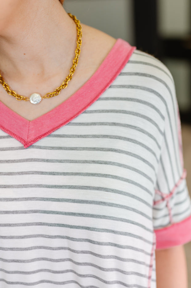 Dressed to Chill V-Neck Top in Heather/Grey/Ivory/Pink-Womens-Ave Shops-[option4]-[option5]-[option6]-[option7]-[option8]-Shop-Boutique-Clothing-for-Women-Online