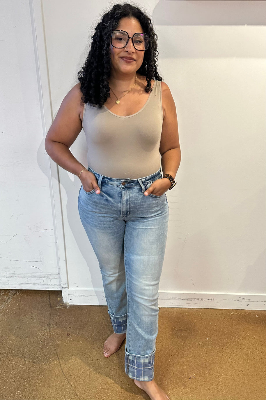 Judy Blue Miranda High Rise Plaid Cuff Vintage Straight Jeans-Denim-Ave Shops-[option4]-[option5]-[option6]-[option7]-[option8]-Shop-Boutique-Clothing-for-Women-Online