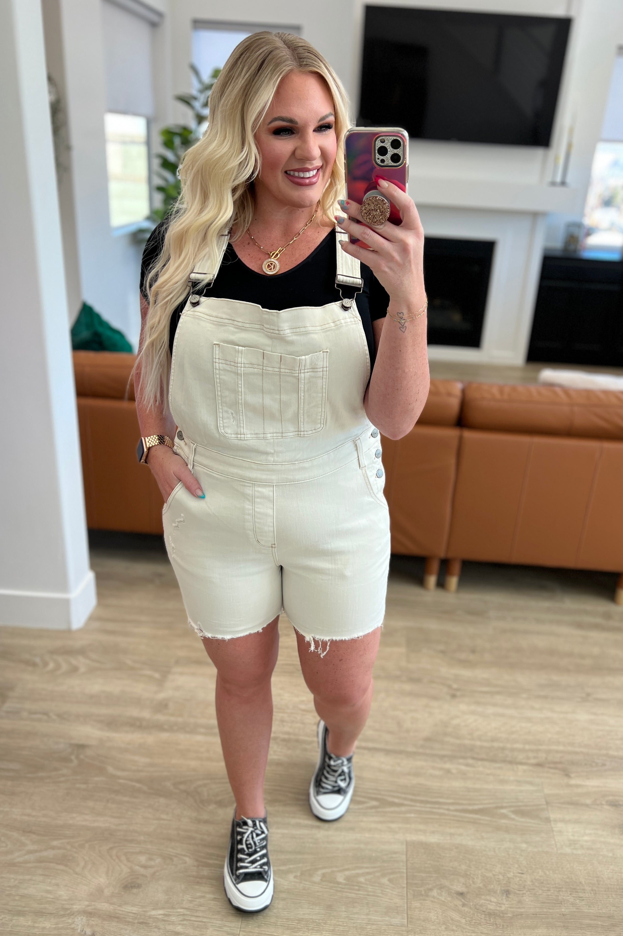 Anna High Rise Garment Dyed Cutoff Shortalls in Ecru-Denim-Ave Shops-[option4]-[option5]-[option6]-[option7]-[option8]-Shop-Boutique-Clothing-for-Women-Online