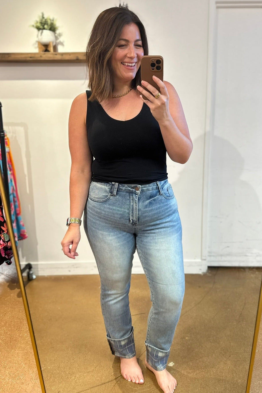 Judy Blue Miranda High Rise Plaid Cuff Vintage Straight Jeans-Denim-Ave Shops-[option4]-[option5]-[option6]-[option7]-[option8]-Shop-Boutique-Clothing-for-Women-Online