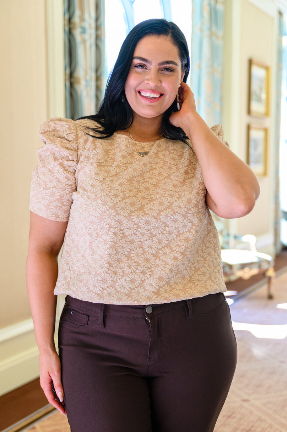 Kelsi Jacquard Puff Sleeve Top In Tan-Womens-Ave Shops-[option4]-[option5]-[option6]-[option7]-[option8]-Shop-Boutique-Clothing-for-Women-Online