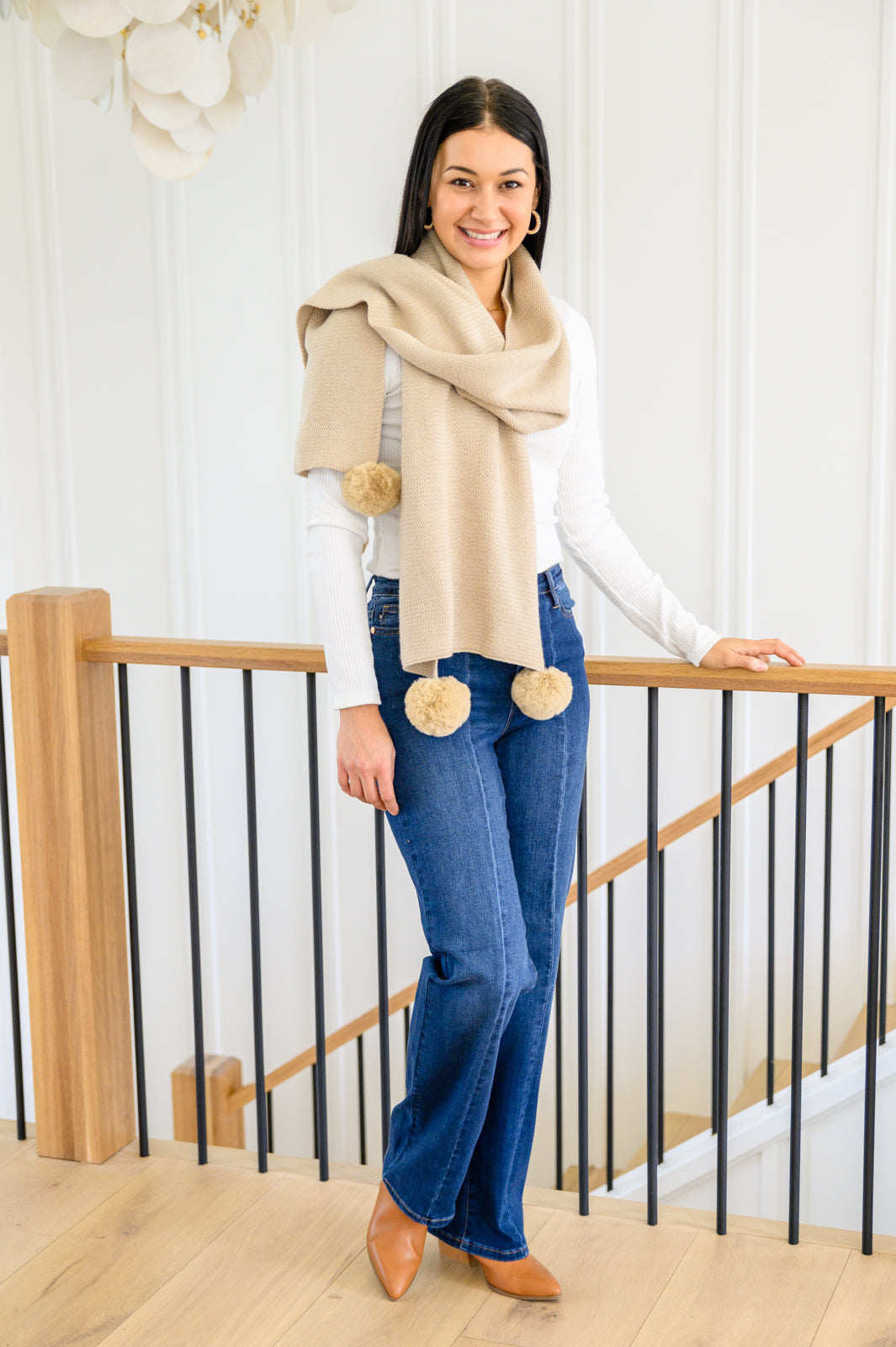 Knitted Fuzzy Pom Pom Scarf In Beige-Womens-Ave Shops-[option4]-[option5]-[option6]-[option7]-[option8]-Shop-Boutique-Clothing-for-Women-Online