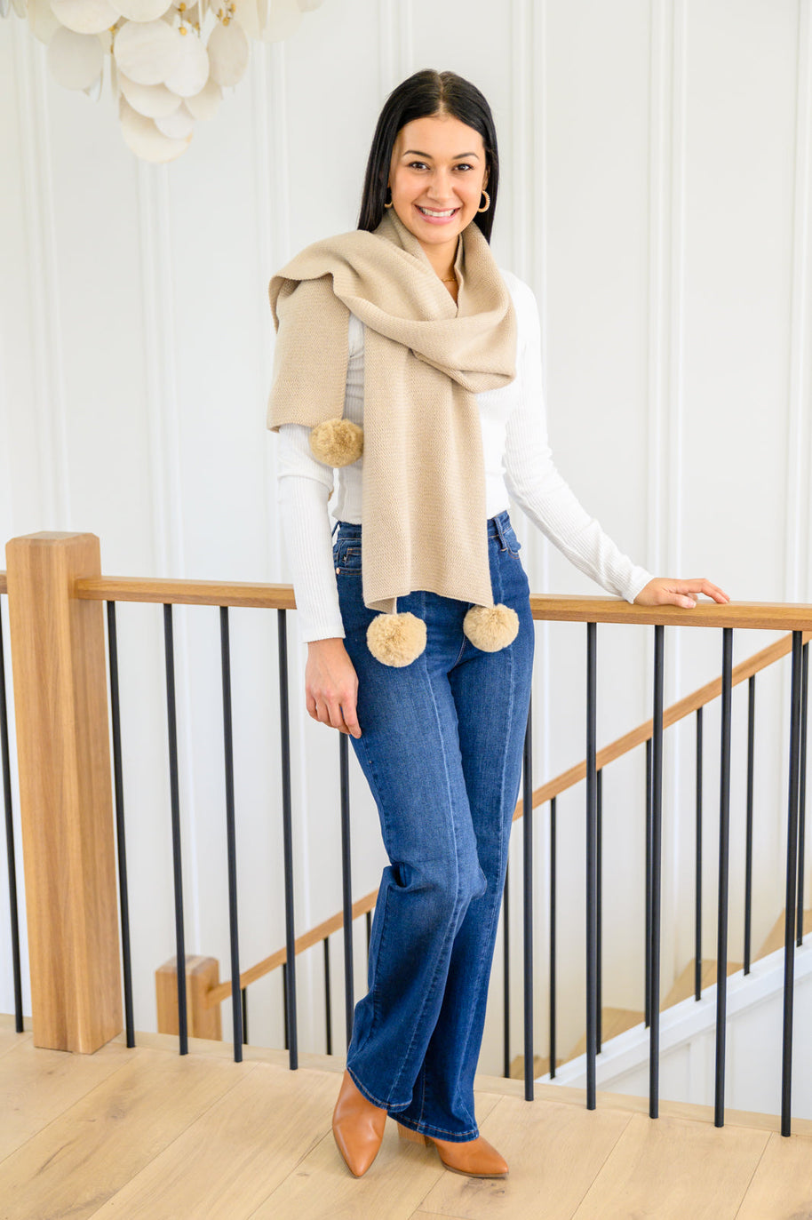 Knitted Fuzzy Pom Pom Scarf In Beige-Womens-Ave Shops-[option4]-[option5]-[option6]-[option7]-[option8]-Shop-Boutique-Clothing-for-Women-Online