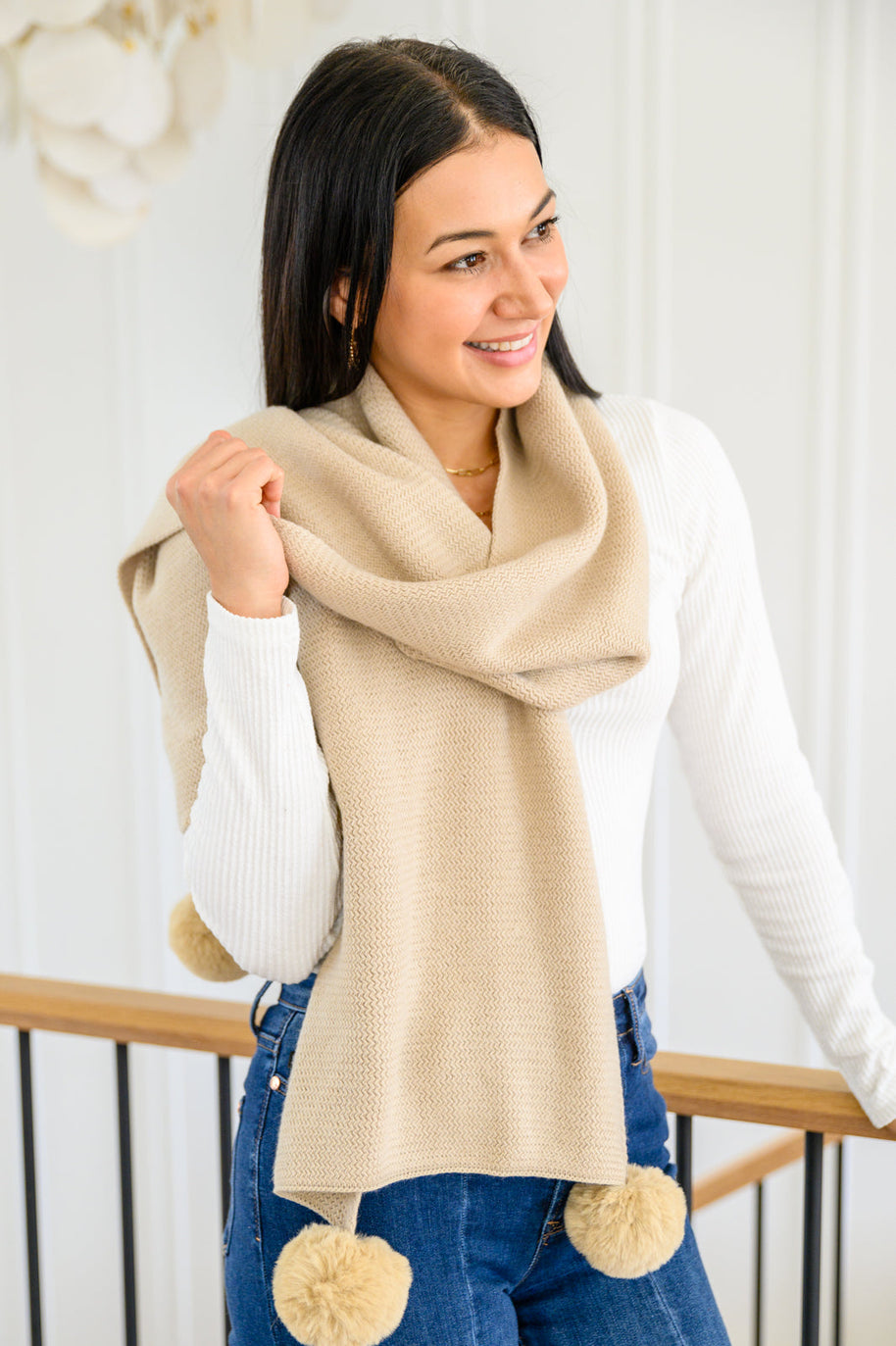 Knitted Fuzzy Pom Pom Scarf In Beige-Womens-Ave Shops-[option4]-[option5]-[option6]-[option7]-[option8]-Shop-Boutique-Clothing-for-Women-Online