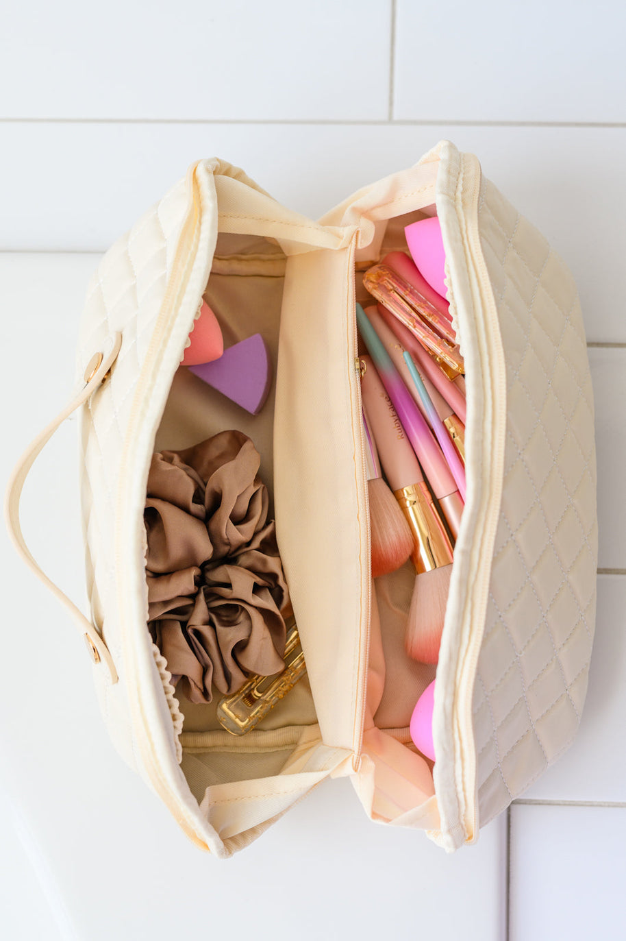 Large Capacity Quilted Makeup Bag in Cream-Accessories-Ave Shops-[option4]-[option5]-[option6]-[option7]-[option8]-Shop-Boutique-Clothing-for-Women-Online