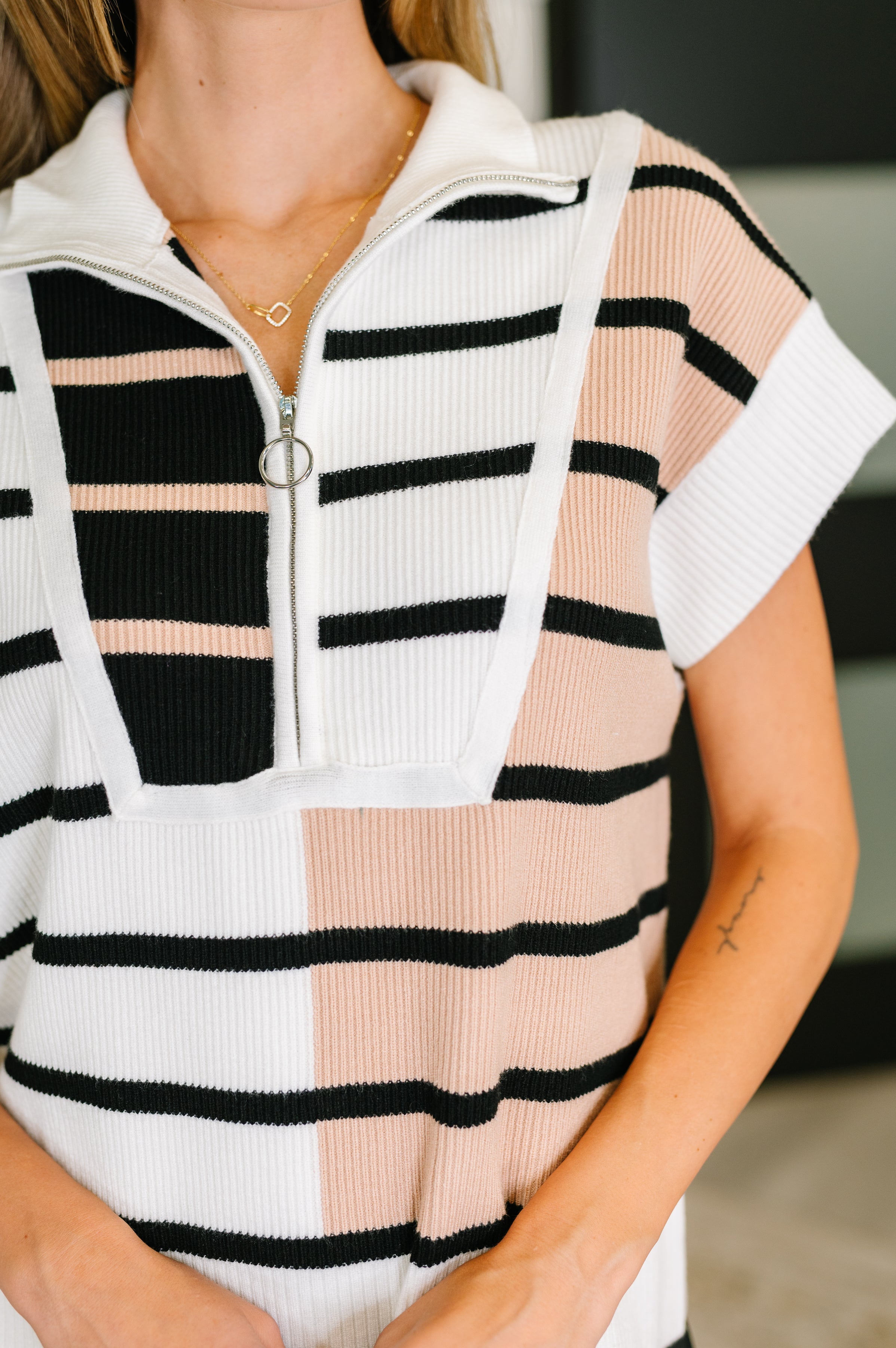 Lonely Traveler Striped Quarter Zip Sweater in White-Womens-Ave Shops-[option4]-[option5]-[option6]-[option7]-[option8]-Shop-Boutique-Clothing-for-Women-Online