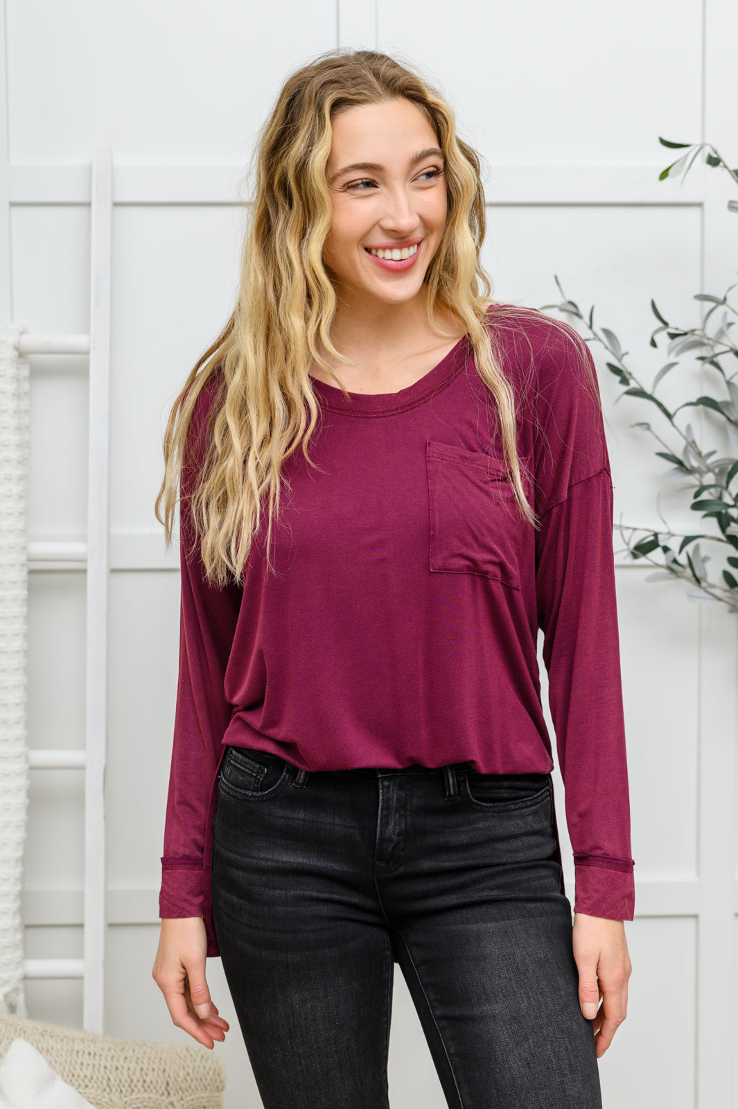 Long Sleeve Knit Top With Pocket In Burgundy-Womens-Ave Shops-[option4]-[option5]-[option6]-[option7]-[option8]-Shop-Boutique-Clothing-for-Women-Online