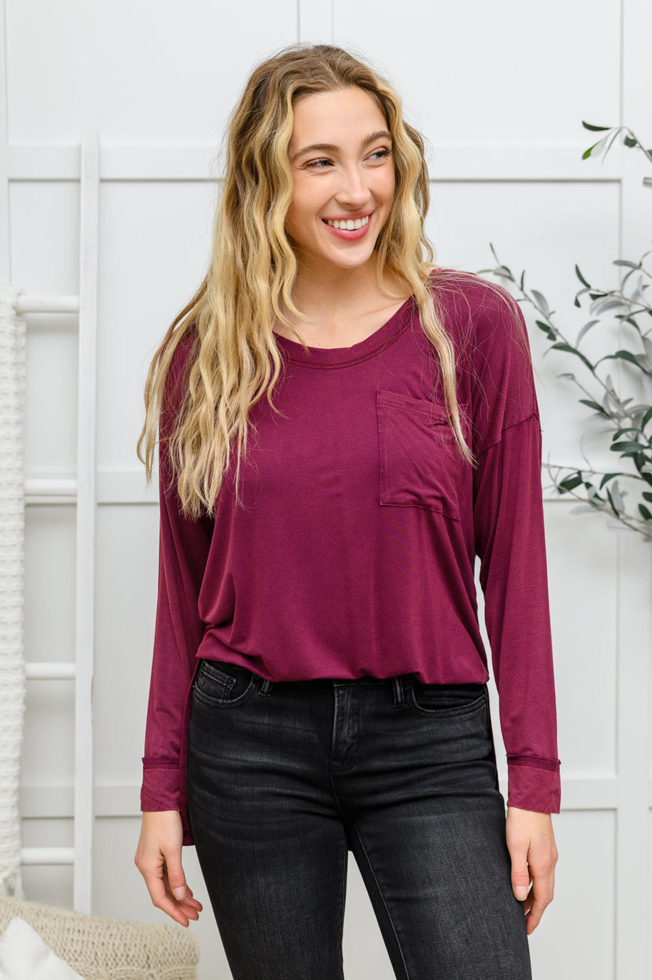 Long Sleeve Knit Top With Pocket In Burgundy-Womens-Ave Shops-[option4]-[option5]-[option6]-[option7]-[option8]-Shop-Boutique-Clothing-for-Women-Online
