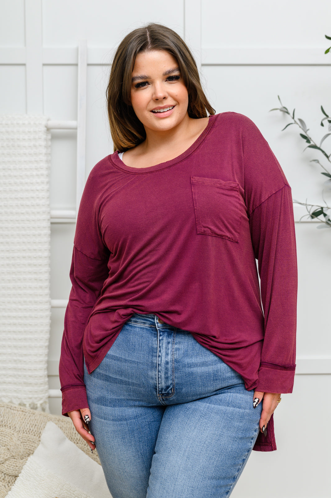 Long Sleeve Knit Top With Pocket In Burgundy-Womens-Ave Shops-[option4]-[option5]-[option6]-[option7]-[option8]-Shop-Boutique-Clothing-for-Women-Online