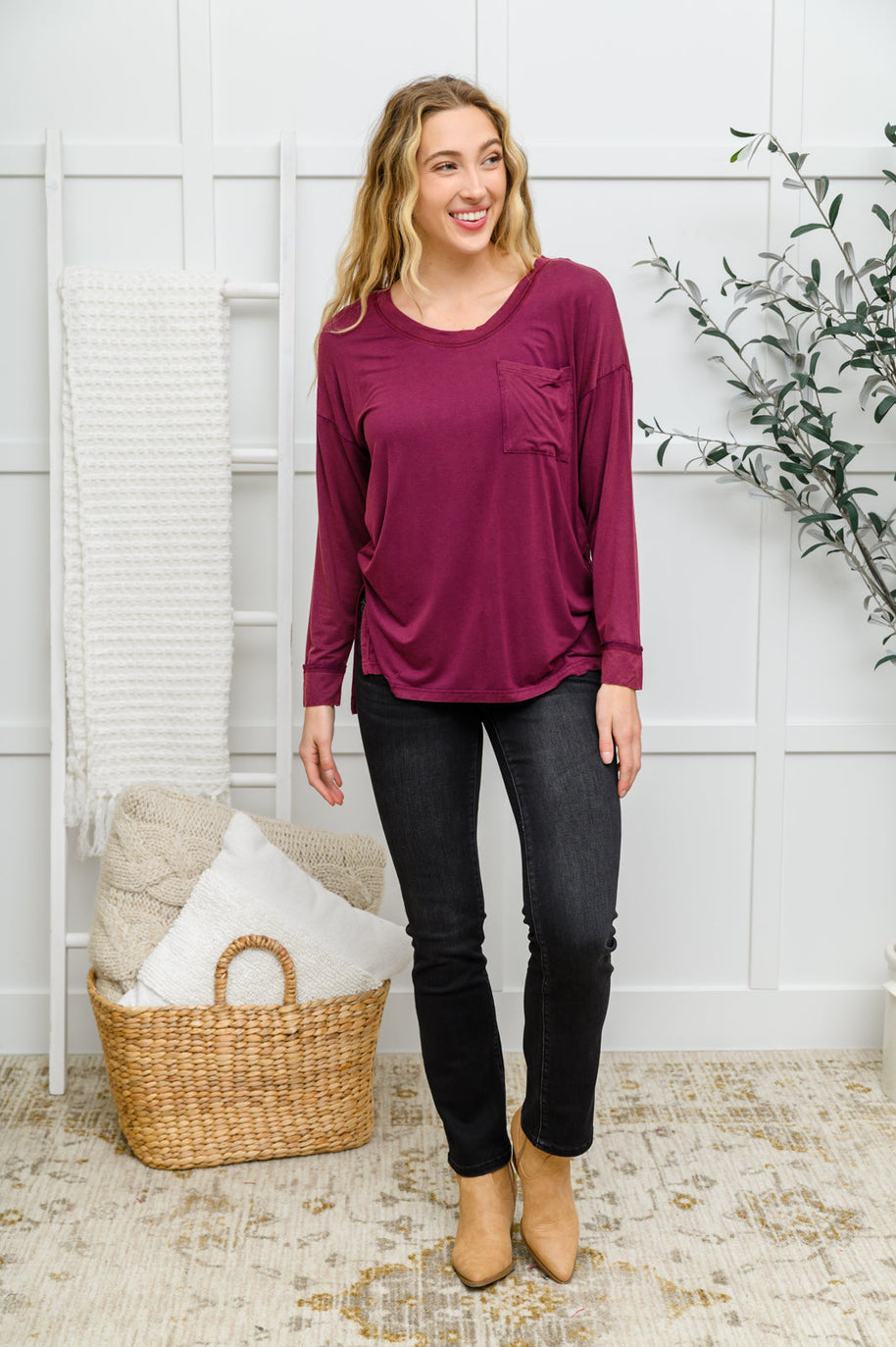 Long Sleeve Knit Top With Pocket In Burgundy-Womens-Ave Shops-[option4]-[option5]-[option6]-[option7]-[option8]-Shop-Boutique-Clothing-for-Women-Online