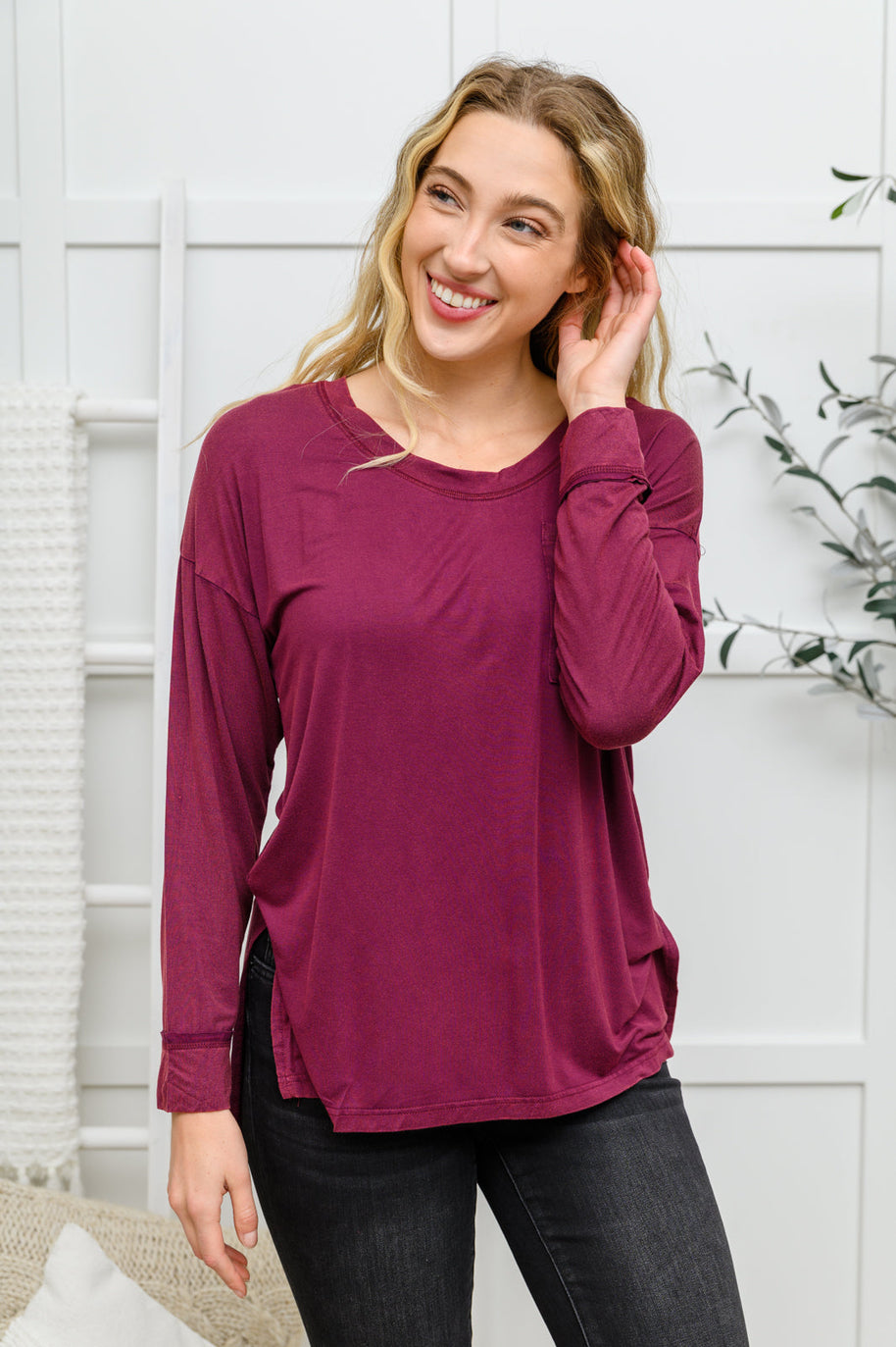 Long Sleeve Knit Top With Pocket In Burgundy-Womens-Ave Shops-[option4]-[option5]-[option6]-[option7]-[option8]-Shop-Boutique-Clothing-for-Women-Online