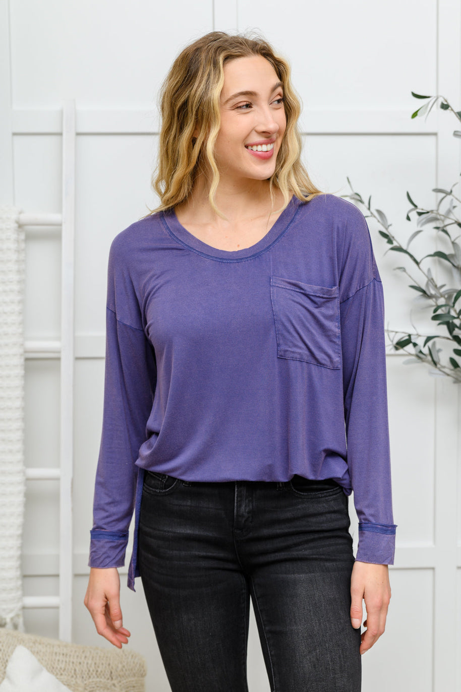 Long Sleeve Knit Top With Pocket In Denim Blue-Womens-Ave Shops-[option4]-[option5]-[option6]-[option7]-[option8]-Shop-Boutique-Clothing-for-Women-Online