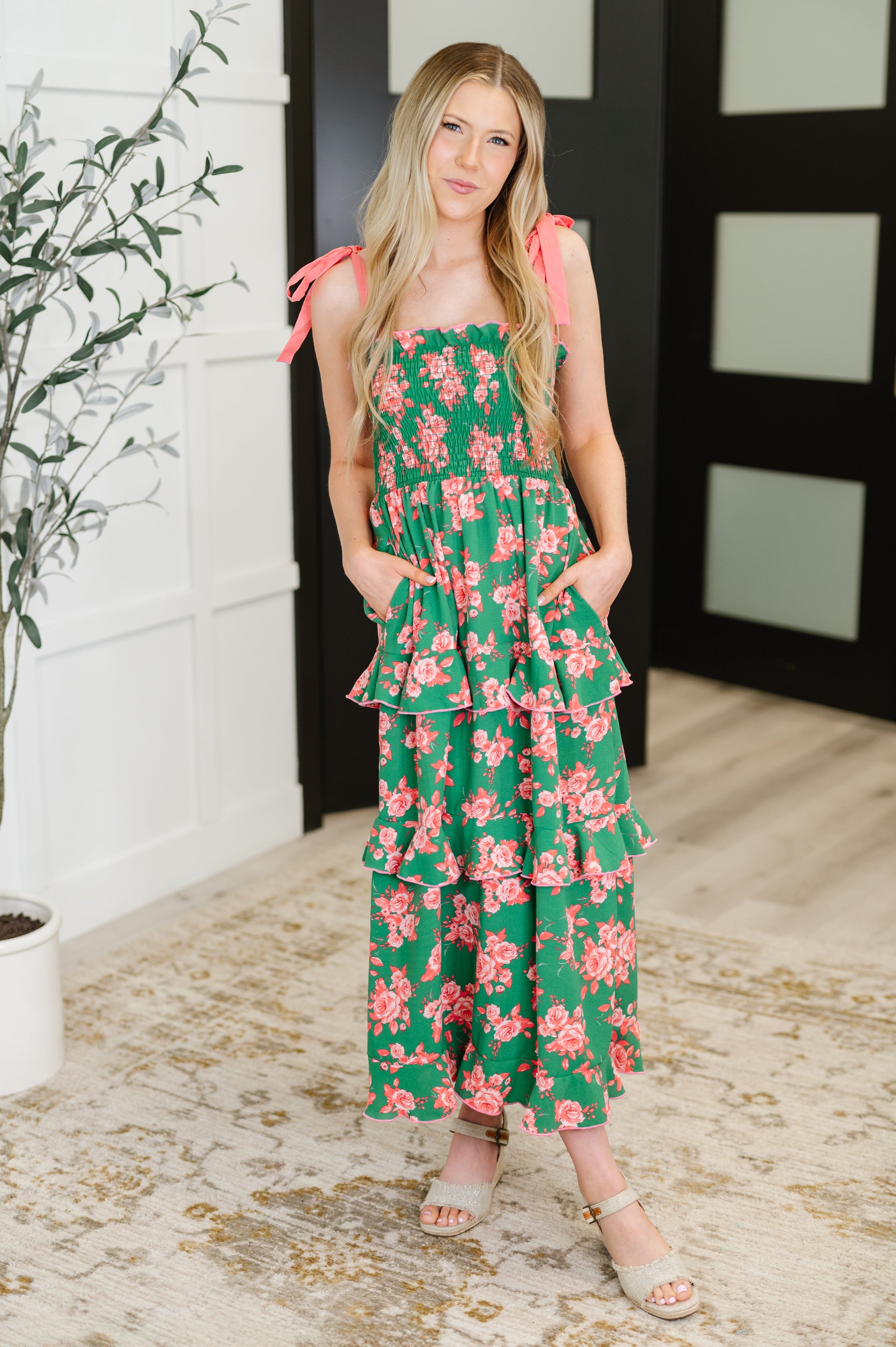 Low Effort, High Impact Tiered Dress in Green/Coral-Womens-Ave Shops-[option4]-[option5]-[option6]-[option7]-[option8]-Shop-Boutique-Clothing-for-Women-Online