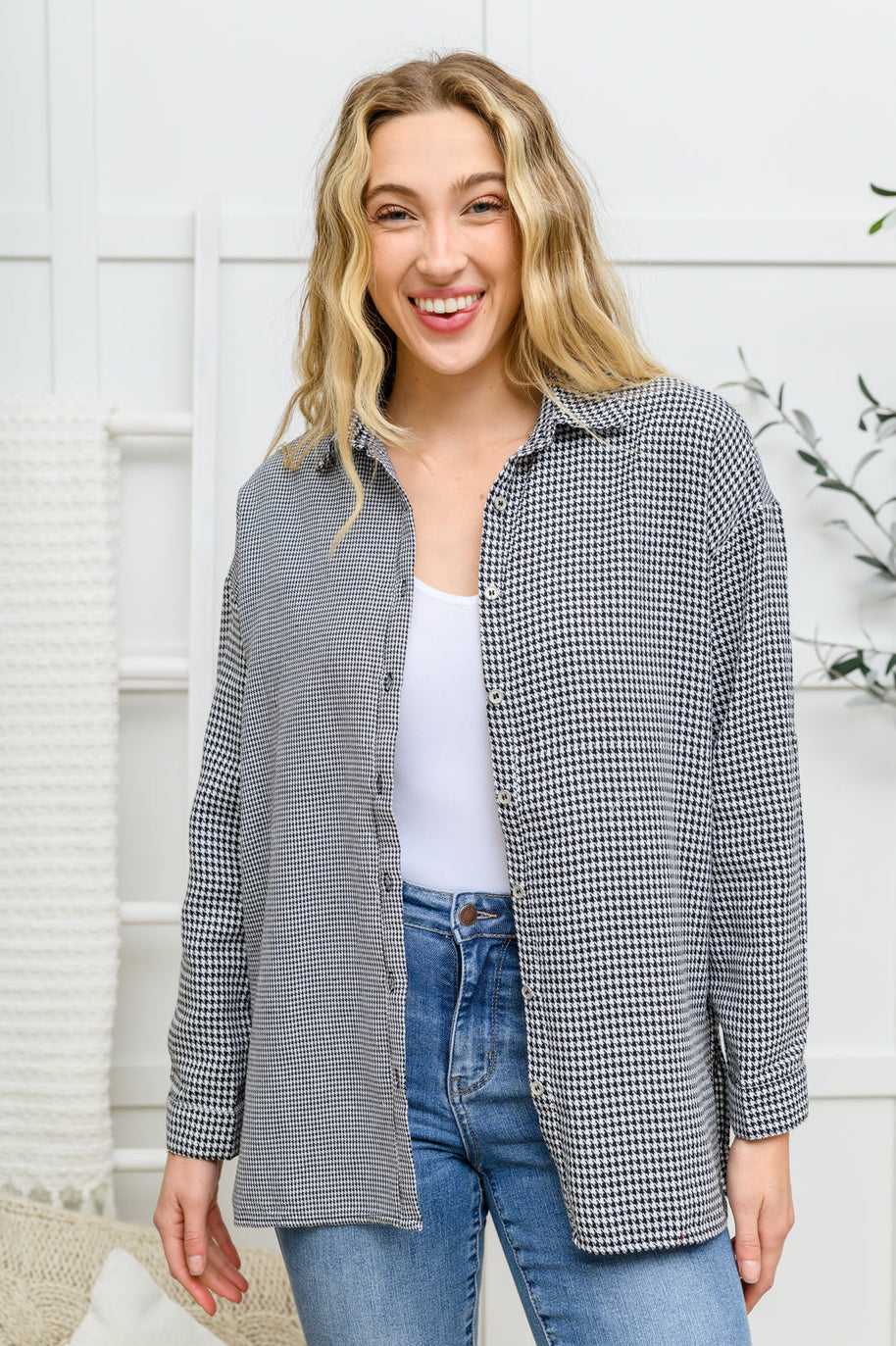 Mixed Houndstooth Button Up Top-Womens-Ave Shops-[option4]-[option5]-[option6]-[option7]-[option8]-Shop-Boutique-Clothing-for-Women-Online
