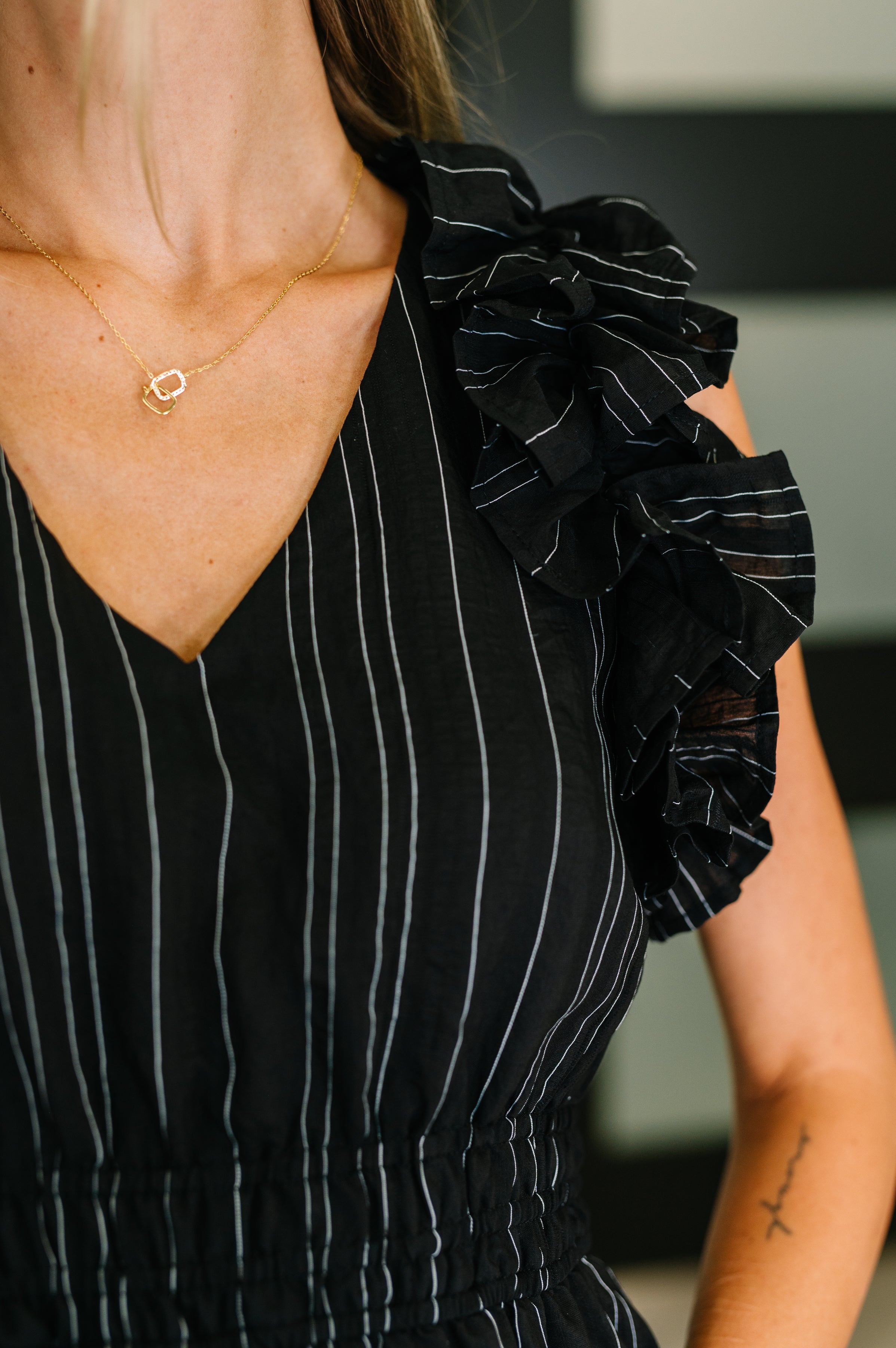 Pinstripe Romance V-Neck Ruffle Sleeve Dress in Black-Womens-Ave Shops-[option4]-[option5]-[option6]-[option7]-[option8]-Shop-Boutique-Clothing-for-Women-Online