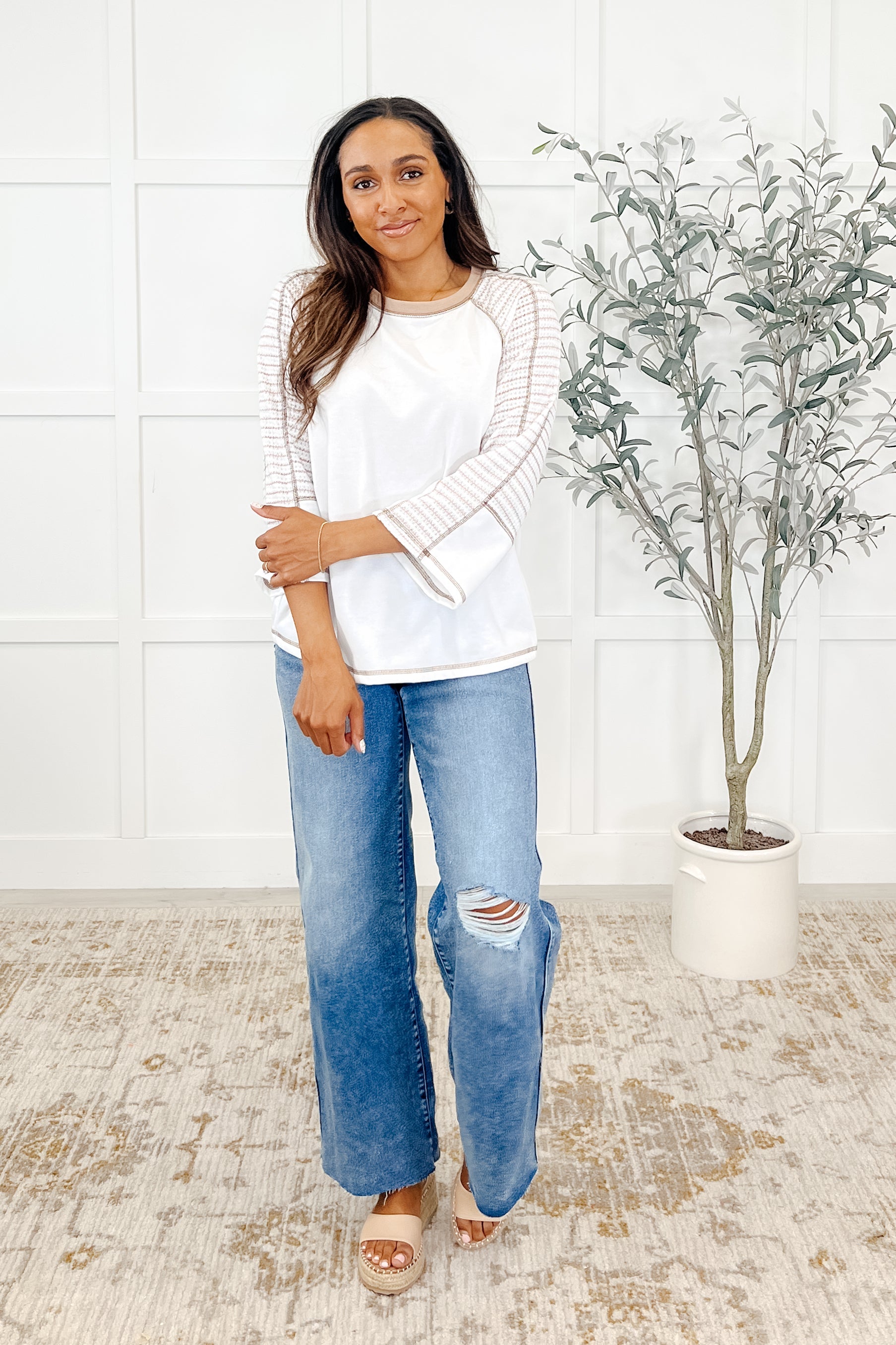 Preoccupied Striped Sleeve Top in Tan-Womens-Ave Shops-[option4]-[option5]-[option6]-[option7]-[option8]-Shop-Boutique-Clothing-for-Women-Online