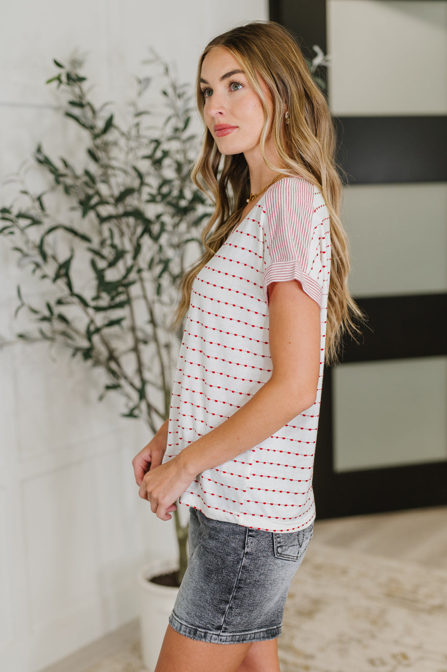 Stitched with Love V-Neck Top in Ivory and Red-Womens-Ave Shops-[option4]-[option5]-[option6]-[option7]-[option8]-Shop-Boutique-Clothing-for-Women-Online