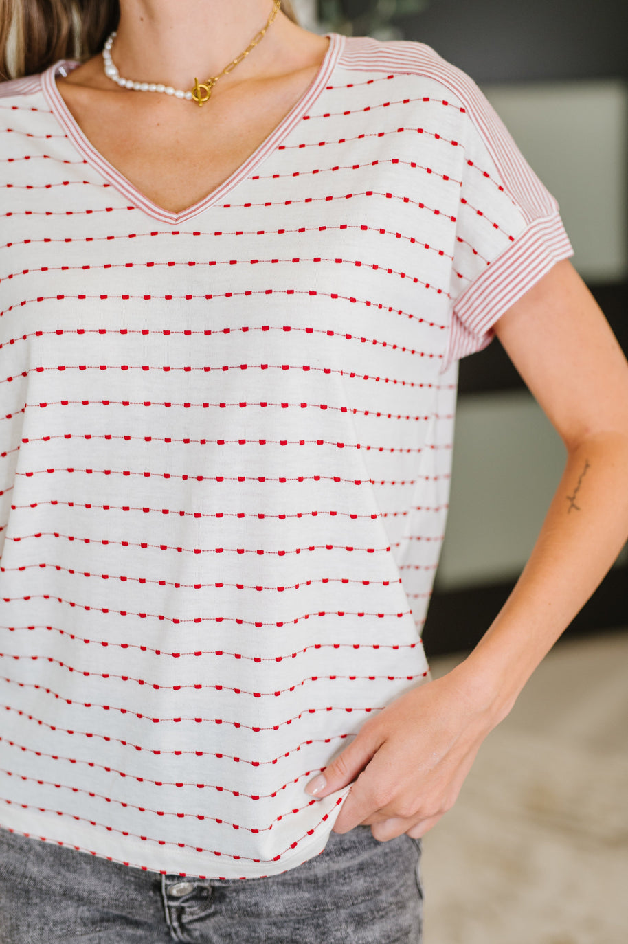 Stitched with Love V-Neck Top in Ivory and Red-Womens-Ave Shops-[option4]-[option5]-[option6]-[option7]-[option8]-Shop-Boutique-Clothing-for-Women-Online