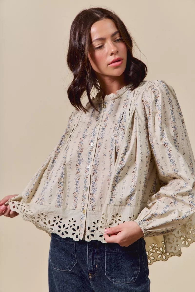 SO ME Floral Print Lace Button Down Shirt-Blouses-Trendsi-[option4]-[option5]-[option6]-[option7]-[option8]-Shop-Boutique-Clothing-for-Women-Online