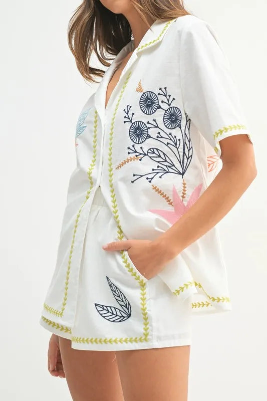 MABLE Embroidered Button Down Shirt and Shorts Set-Sets-Trendsi-[option4]-[option5]-[option6]-[option7]-[option8]-Shop-Boutique-Clothing-for-Women-Online