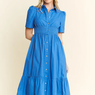 Jade By Jane Short Sleeve Button Down Midi Dress-Dresses-Trendsi-BLUE-S-[option4]-[option5]-[option6]-[option7]-[option8]-Shop-Boutique-Clothing-for-Women-Online