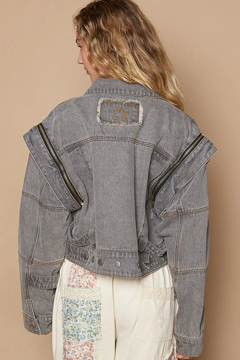POL Cropped Denim Jacket with Functional Zipper Detail-Coats & Jackets-Trendsi-[option4]-[option5]-[option6]-[option7]-[option8]-Shop-Boutique-Clothing-for-Women-Online