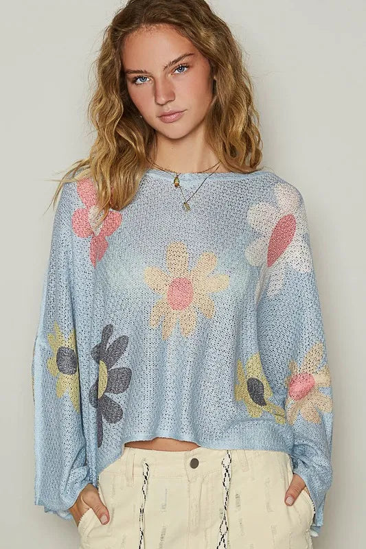 POL Flower Dropped Shoulder Long Sleeve Knit Top-knit top-Trendsi-Baby Blue-S-[option4]-[option5]-[option6]-[option7]-[option8]-Shop-Boutique-Clothing-for-Women-Online