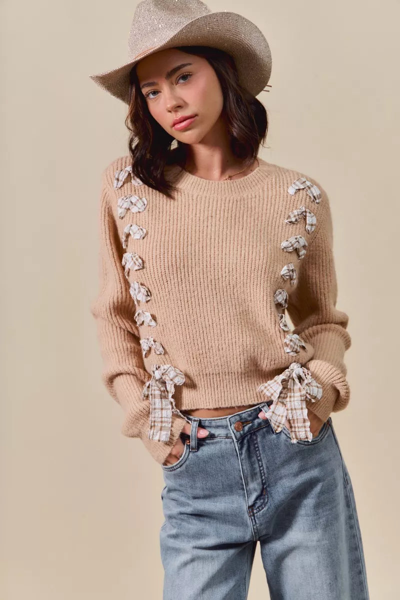 SO ME Checkered Plaid Tape Lace Up Ribbed Sweater-Sweaters-Trendsi-TAUPE-S-[option4]-[option5]-[option6]-[option7]-[option8]-Shop-Boutique-Clothing-for-Women-Online