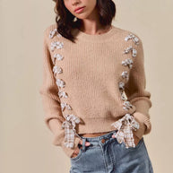 SO ME Checkered Plaid Tape Lace Up Ribbed Sweater-Sweaters-Trendsi-TAUPE-S-[option4]-[option5]-[option6]-[option7]-[option8]-Shop-Boutique-Clothing-for-Women-Online
