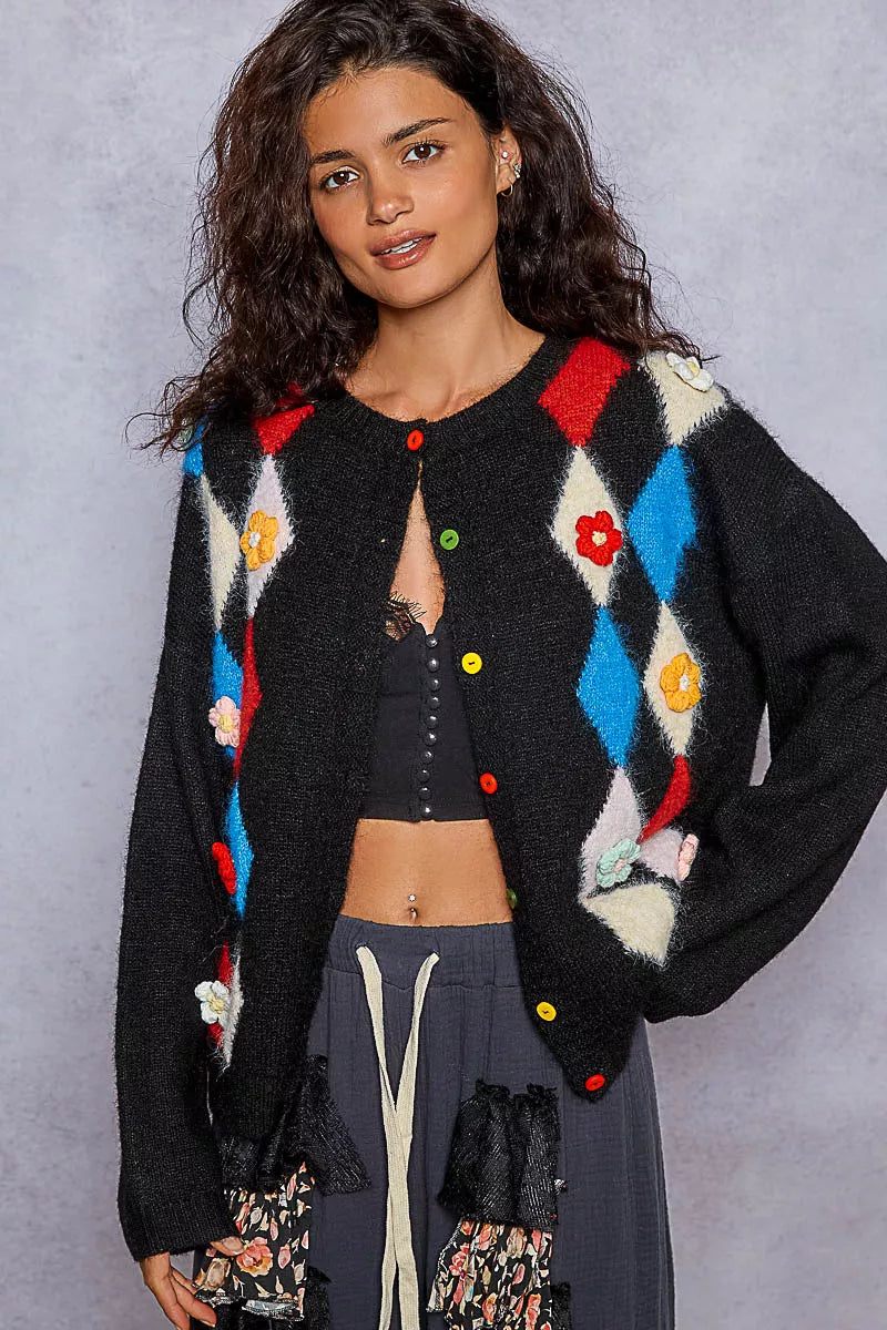 POL Button Down Diamond Pattern Round Neck Cardigan-Cardigan-Trendsi-Black-S-[option4]-[option5]-[option6]-[option7]-[option8]-Shop-Boutique-Clothing-for-Women-Online