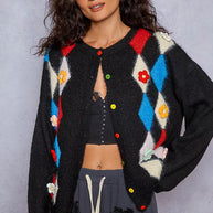 POL Button Down Diamond Pattern Round Neck Cardigan-Cardigan-Trendsi-Black-S-[option4]-[option5]-[option6]-[option7]-[option8]-Shop-Boutique-Clothing-for-Women-Online