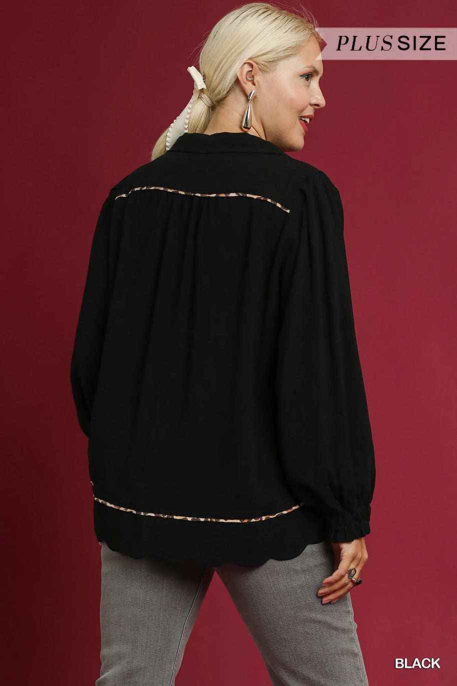 Linen Scallop Hem Blouse with Contrast Trim-Blouses-Trendsi-[option4]-[option5]-[option6]-[option7]-[option8]-Shop-Boutique-Clothing-for-Women-Online