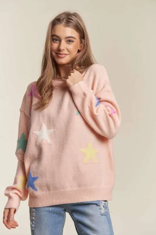 ADORA Stars Pattern Round Neck Drop Shoulder Sweater-Sweaters-Trendsi-Blush-S-[option4]-[option5]-[option6]-[option7]-[option8]-Shop-Boutique-Clothing-for-Women-Online