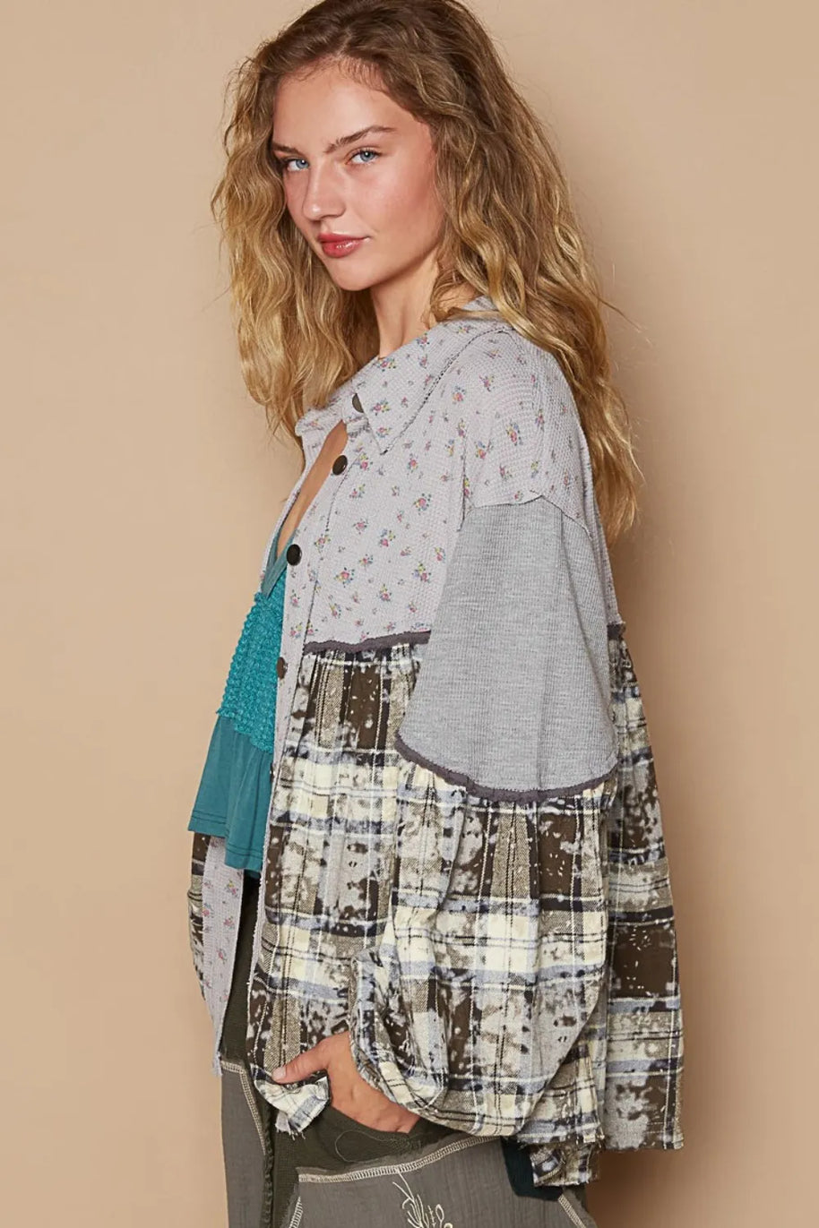 POL Balloon Sleeve Floral Color Block Plaid Shirt-Shirts-Trendsi-[option4]-[option5]-[option6]-[option7]-[option8]-Shop-Boutique-Clothing-for-Women-Online