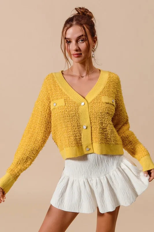 SO ME Frayed Tweed Knit Buttoned Front Cardigan-Cardigan-Trendsi-[option4]-[option5]-[option6]-[option7]-[option8]-Shop-Boutique-Clothing-for-Women-Online